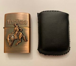 Vintage Marlboro Cigarettes Brass Zippo Lighter Cowboy Bucking Horse W/ Case