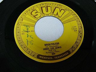 Vintage 1958 Jerry Lee Lewis Breathless 45 Sun 288 Signed 45 Record