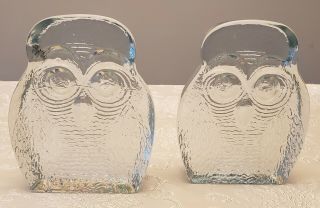 Vintage Blenko Heavy Clear Glass Owl Bookends