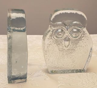 Vintage BLENKO Heavy Clear Glass OWL Bookends 3