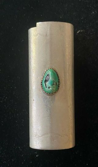 Vintage Nickel Silver With Turquoise Bic Lighter 3in.  X 1in.  Case/holder