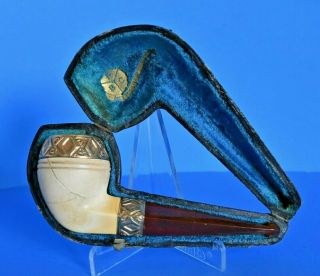 Vintage Antique Pipe Brass And Amber Carved Meerschaum Smoking Pipe And Case