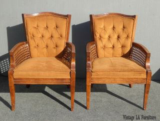 Pair Vintage Mid Century Burnt Orange Tufted Velvet & Cane Accent Chairs