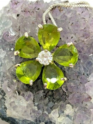 Vintage Sterling Silver 7mm Lime Green Gemstone Flower Necklace 17 "