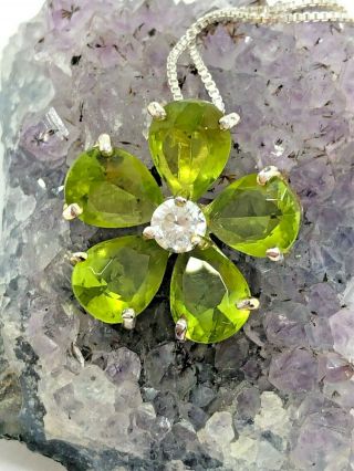 Vintage Sterling Silver 7mm Lime Green Gemstone Flower Necklace 17 