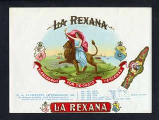 Old La Rexana Sample Cigar Label - Woman Riding Lion - O.  L.  Schwencke