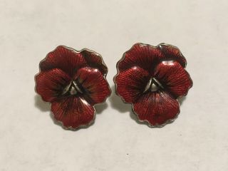 925 Vintage Sterling Silver Earrings.  Stud.  Red Enamel Flowers.