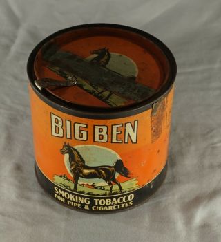 Vintage Antique Big Ben Horse Cylindrical Tobacco Tin 5 1/4 " X 5 1/2 "