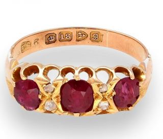 Antique 18carat Yellow Gold Ruby Three Stone Ring W/ Diamonds (size L 1/2)