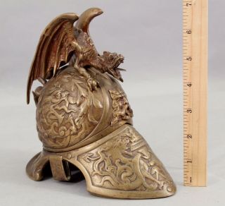 Large Antique 19thc Bronze,  Ancient Italian Helmet & Gothic Dragon Inkwell