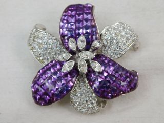 Vintage Signed Nolan Miller Orchid Purple Clear Rhinestone Brooch Pin