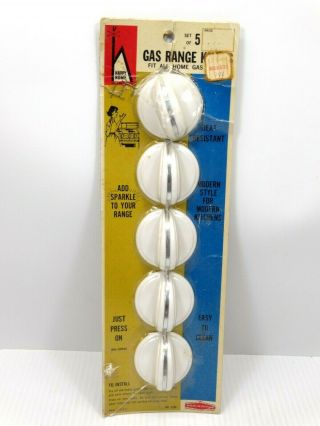 Vintage Happy Home Gas Range Knobs Set Of 5 White / Silver Chrome 2296 Made Usa