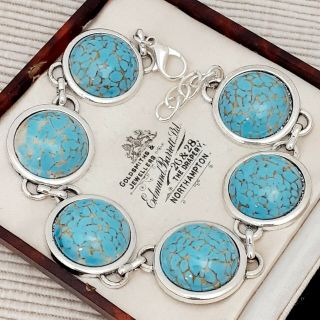 Vintage 1950s Turquoise Blue Marble Peking Cabochon Bracelet - Large Fit