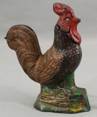 19thC Antique KYSER & REX Mechanical Painted Cast Iron ROOSTER Bank,  NR 2