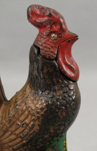 19thC Antique KYSER & REX Mechanical Painted Cast Iron ROOSTER Bank,  NR 3