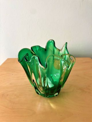 Rare Collectable Vintage Retro Murano Glass Handkerchief Vase Green & White