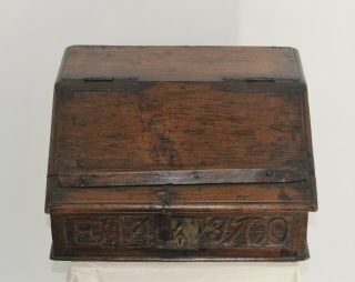 Antique 17c.  Carved Wooden English Oak Bible Box W Initials - Estate Find