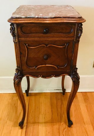 Antique French Walnut Louis Xv Marquetry Inlay Marble Top Nightstand Side Table