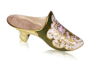 Antique Coalport Scenic Hand Painted Green Gold Porcelain Slipper Shoe - Rare