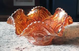 Vintage Marigold Carnival Glass Ruffled Edge Footed Dish