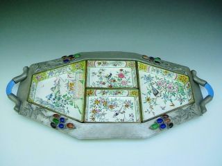 A Large Antique Chinese Enamel Sweetmeat Set With Pewter Tray
