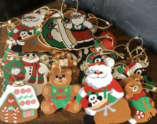 35 Vintage Flat Hand Painted Wooden Christmas Tree Ornaments - Santa Snowmen