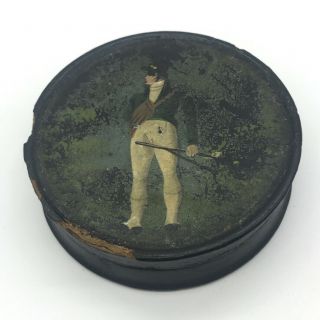 Antique Old Black Lacquer Papier Mache Snuff Box Hunting Soldier Scene H/p