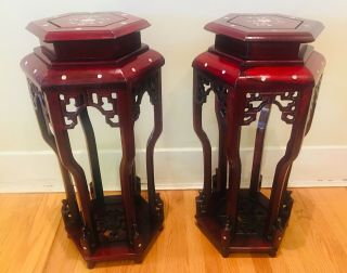 Vintage Pair Chinese Carved Rosewood Mother Of Pearl Lacquered Pedestal Stand