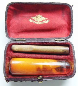 Antique Victorian Wood & Amber Double Cheroot Cigar Holder In Leather Case 8cm