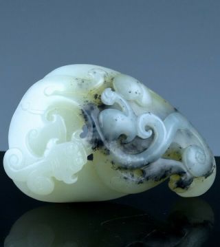 Finely Carved Chinese White White & Black Speckled Jade Qilin Dragon Pendant
