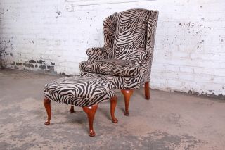 Queen Anne Style Wingback Lounge Chair And Ottoman In Zebra Print Upholstery
