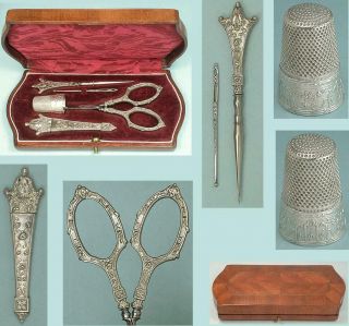 Antique French Marquetry Wood Cased Silver Sewing Set All Circa 1900