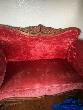 Antique Victorian Parlor Settee / Fainting Couch / Crushed Red Velvet / Carved O