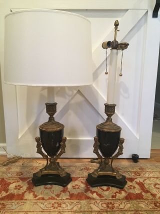 Antique French Neoclassical Marble & Bronze Urn Lamps