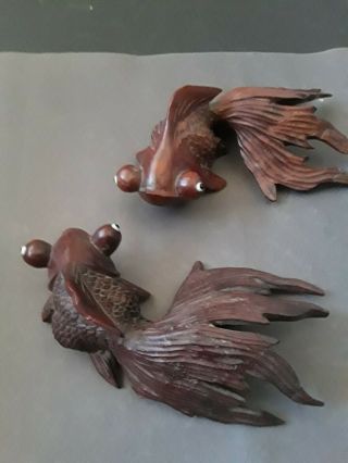 Pair Vintage Finely Carved Wood Asian Koi Fish Carp Glass Eyes