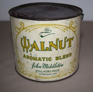 Antique John Middleton Walnut Aromatic Blend Tobacco Tin With Tax Stamp