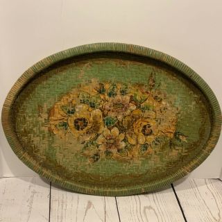 Large Vintage Floral Hand Painted Wicker Tray Shabby Boho Decor