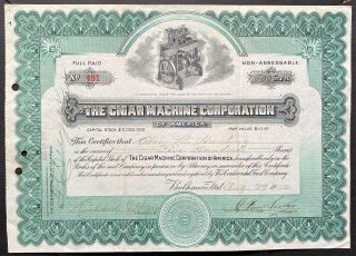 Cigar Machine Corp Stock 1916 Baltimore,  Md Manufactured Machines Great Vig Vf,