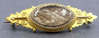 Antique 15ct Yellow Gold,  Pearl & Woven Hair Mourning Brooch C1900 Birmingham