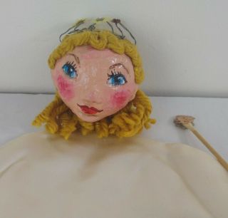 Vintage Paper Mache Head Fairy Hand Puppet Hand Made Folk Art Yarn Hair