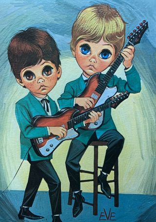 Vintage 60s Mid Century Big Eyes Print By Eve Boy Band Mod Pop Art