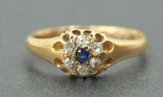 Antique Vintage Handmade Sapphire Diamond Ring 18ct Yellow Gold Birmingham 1896