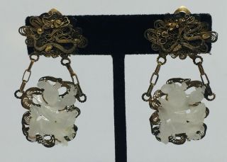 Antique Chinese Sterling Silver & Carved White Jade Filigree Dragon Earrings