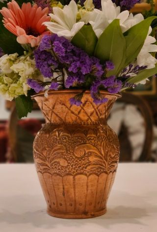 Italian Copper 6 " Vintage Hammered Embossed Copper Vase Marked " Made In Italy "