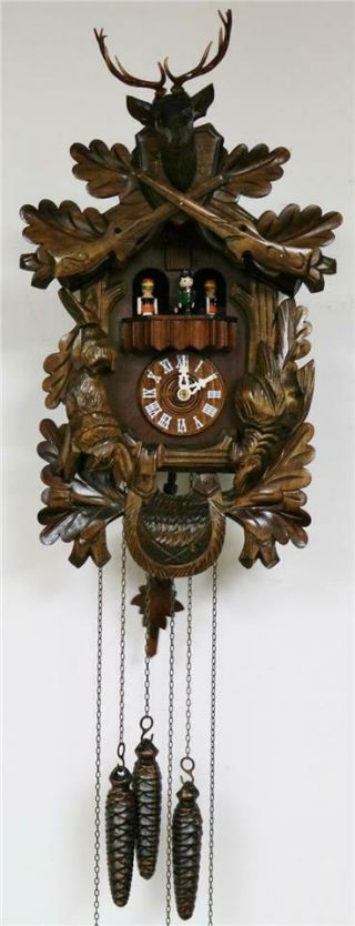 Vintage German Carved Black Forest 3 Weight Musical Automaton Cuckoo Wall Clock