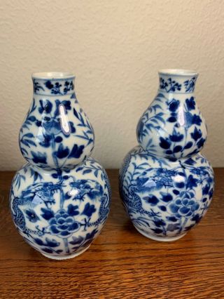 Pair Qing Chinese Blue & White Kangxi Style Dragon Porcelain Double Gourd Vases 2