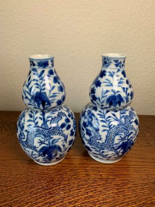 Pair Qing Chinese Blue & White Kangxi Style Dragon Porcelain Double Gourd Vases 3