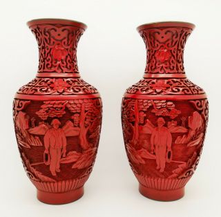 Vintage Chinese Cinnabar Lacquer Vases w/ Soldiers Cultural Revolution 2