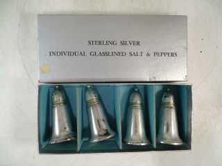 Vintage Sterling Silver Individual Glass Lined Salt & Pepper Shaker Set Crown X4