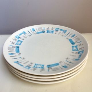 4 Vintage Royal China Blue Heaven 10 " Dinner Plates Mcm Atomic Retro Euc